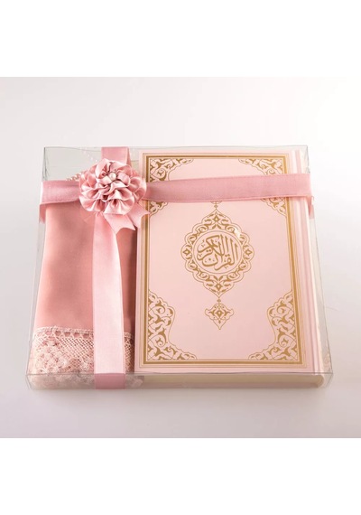 Şal + Tesbih + Kuran Hediye Seti Orta Boy, Standart Cilt, Pembe