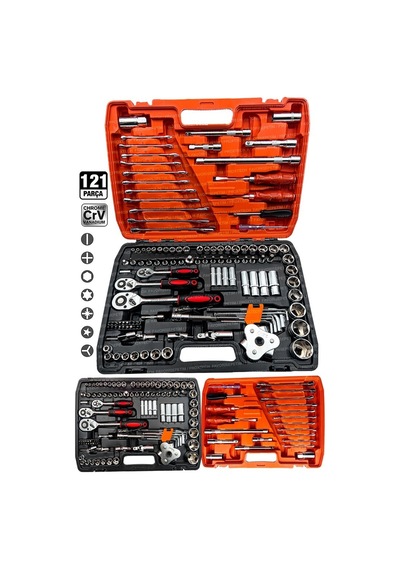 Profesyonel Mekanik Krom Çelik Premium Kalite 121 Parça Lokma Takımı 1/2-1/4-3/8 Full Set