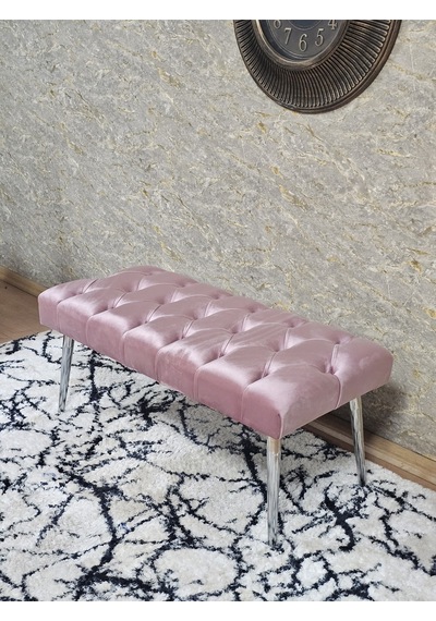 Zafir Krom Kaplama Sivriltme Ayaklı 90 Cm Puf Bench - Puf - Bench - Kasalı Oturak - Oturak - Yatak Ucu Puf Pembe
