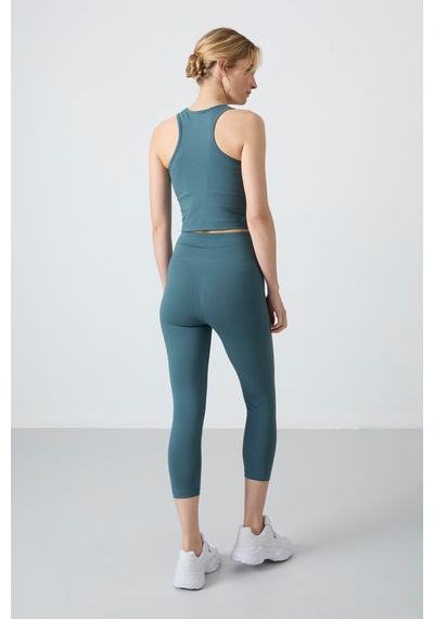 Tommylife Orman Yeşili Yüksek Bel Kapri-crop Atlet Slim Fit Kadın Tayt Takım - 95284 Yeşil