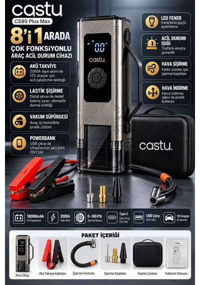 8'i 1 Arada Araç Takviye Cihazı 2000a 18.000 Mah Akü Takviye, Lastik Şişirme Kompresörü, Vakum Süpürgesi Ve Powerbank-15113