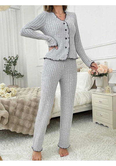 Bella Notte Gri V Yaka Pamuklu Düğmeli Pijama Takımı