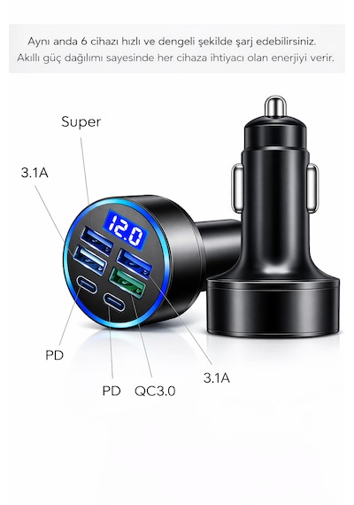 66w Akıllı Dijital Ekranlı 2pd + 4usb Çoklu Araç Şarj Cihazı Tek Dokunuşta Çoklu Şarj Deneyimi