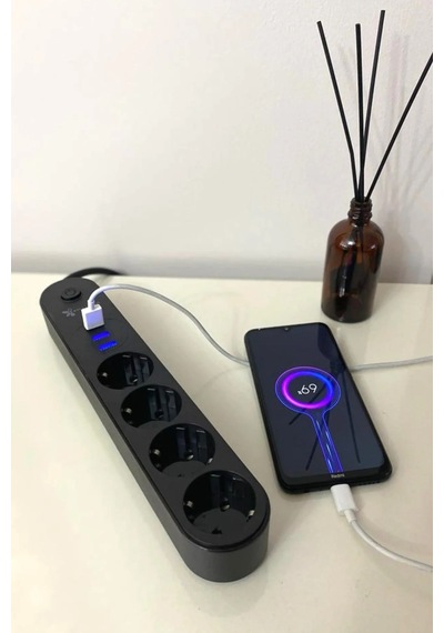 4lü Siyah Anahtarlı 3 Usb Li Akım Korumalı Topraklı Çocuk Korumalı Grup Priz 2 Metre -