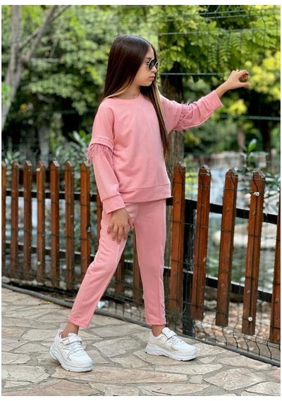 Modavals Tüy Detay Kollu Kız Çocuk Eşofman Takımı - Pembe