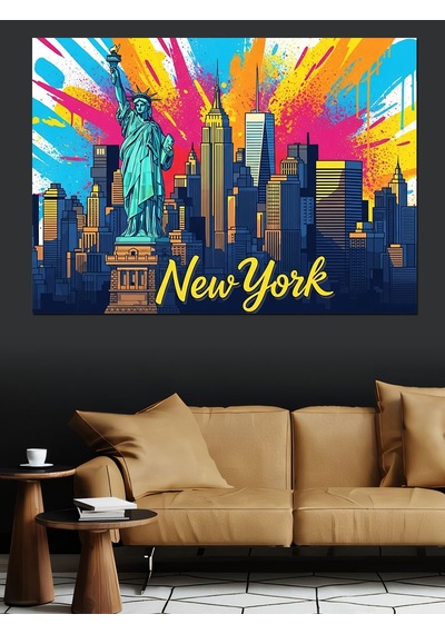 Renkli New York Özgürlük Heykeli Dekoratif Kanvas - Mdf Ahşap Tablo
