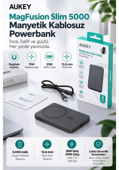 Aukey Pb-ms03-gy Magfusion Slim 5000 Mah Manyetik Wireless Şarj Powerbank - Gri