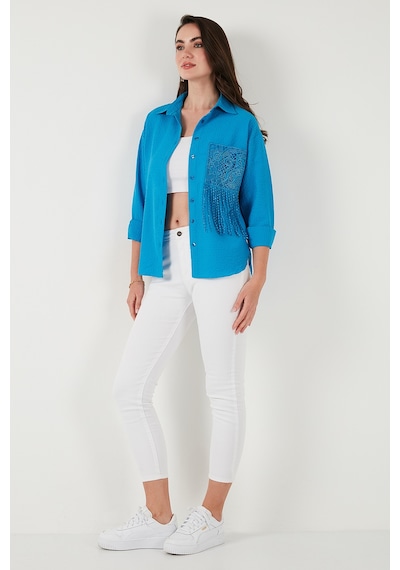 Lela Regular Fit Güpürlü Cep Detaylı Uzun Kollu Bayan Gömlek 6773215 Mavi