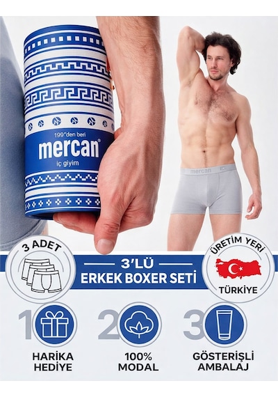 Mercan 3'lü Gri Modal Boxer