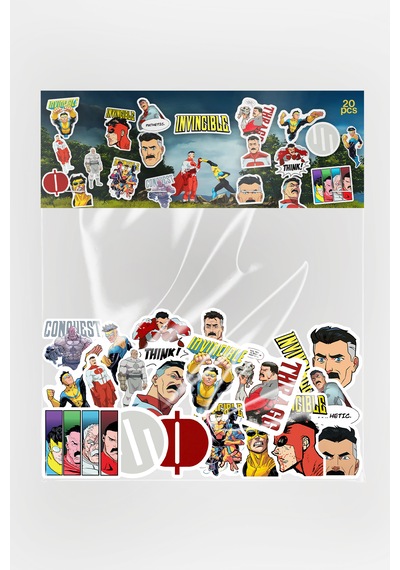 Invincible Temalı Sticker Paketi 20 Parça Yapışkanlı Kaliteli Su Geçirmez Etiket Seti Çok Renkli