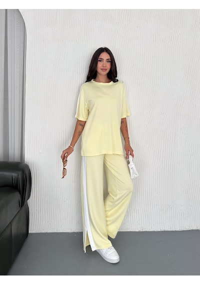 Elaxi Modal Şeritli Yırtmaç Detaylı Pantolon Tişort Takım Sarı