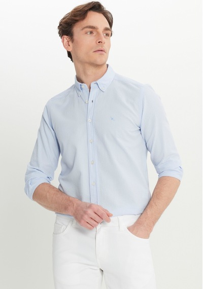 AC&Co / Altınyıldız Classics Erkek Mavı %100 Pamuk Slim Fit Dar Kesim Düğmeli Yaka Gofre Desenli Gömlek Mavi AC&Co / Altınyıldız Classics Erkek Mavı %100 Pamuk Slim Fit Dar Kesim Düğmeli Yaka Gofre Desenli Gömlek Mavi