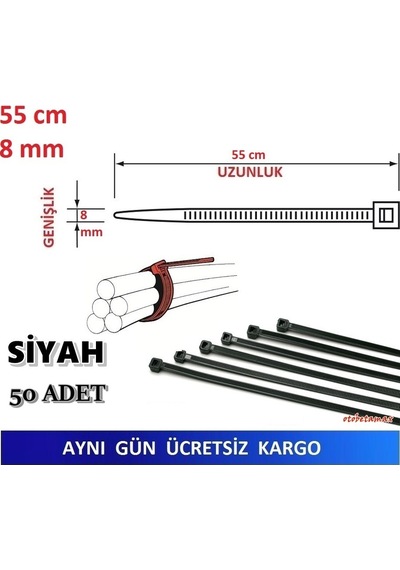 50 Adet Pemsan 55Cm X 8Mm Plastik Cırt Kelepçe Kablo Bağı N11.850