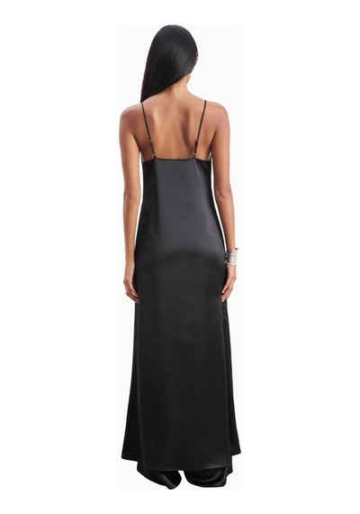 Because Of Alice Satin V Neck Longline Camisole Parlak V Yaka Saten Kadın Bluz Siyah