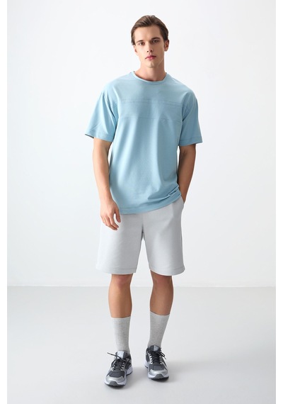 Air Jones Tommy Life Açık Mavi Pamuklu Kalın Yumuşak Dokulu Oversize Fit Basic Erkek T-shirt - 88378 Açik Mavi
