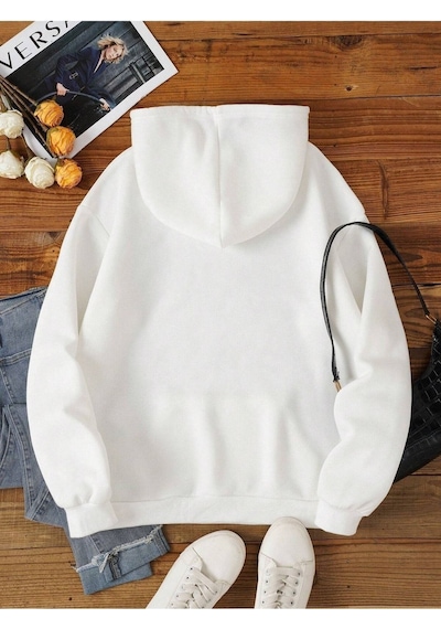 Düz Basic Sweatshirt - Beyaz Oversize Kapüşonlu Beyaz