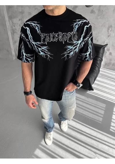 Valensdesign Unisex Bisiklet Yaka Baskılı Oversize T-shirt-siyah