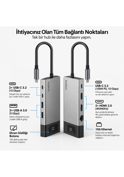 Belkin Inc027hqsgy Connect 8 Port Dual Display Usb-c Hub 100w Pd 4k 60hz - Gri
