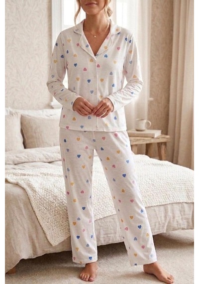 Renkli Kalp Desenli Uzun Kollu Pijama Takımı 4603 -kar Beyaz