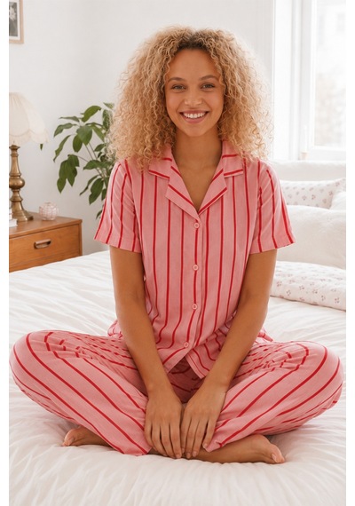 Pembe Kırmızı Çizgili Bürümcük Kumaş Pijama Takımı 4647-pembe