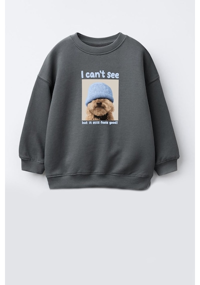 Monila Unisex Çocuk 3 İplik Kumaş Köpek Baskılı Pamuklu Sweatshirt Antrasit