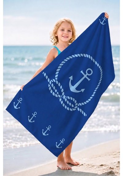 Çapa Marine Lacivert Plaj Havlusu - Halat Motifli Modern Mavi Hızlı Kuruyan Mikrofiber Havlu Yumuşak İncir