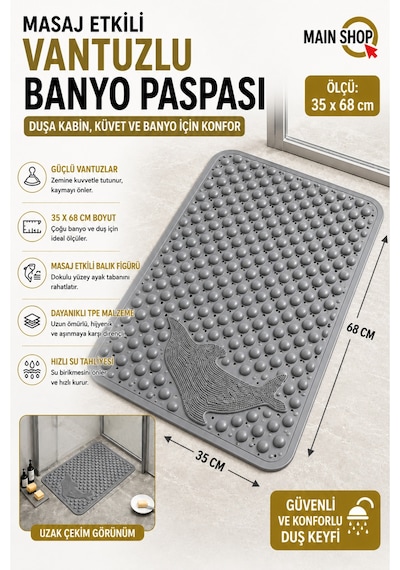 Mainshop 1 Adet Vantuzlu Banyo Ve Duş Kaydırmazı Duşa Kabin Küvet Içi Paspası Balık Desenli 35 X 68 Cm M-10 Gri