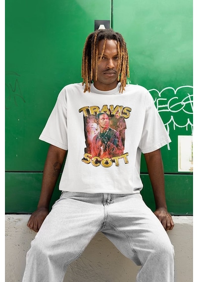 Travis Scott Rapper Baskılı Unisex Oversize Tişört Beyaz