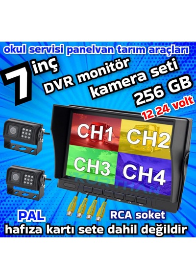 2 Adet Metal Kasa Ledli Kamera Ve 7 İnç Dvr Monitör Seti 12 - 24 V 256 Gb