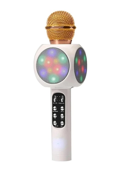 Led Işıkli Şarjlı Kablosuz Karaoke Mikrofon Bluetooth Hoparlör Ses Değiştirme Sd Kart Usb Girişli Beyaz Ws-1816