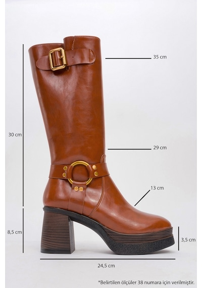 Luvishoes Luvi Shoes Rock Taba Cilt Tokalı Fermuarlı Kadın Platform Topuklu Çizme Taba