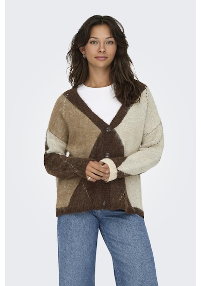 Only Noeme Life Jacquard V-neck Kadın Triko Hırka Jakarlı V Yaka Cardigan Kahverengi