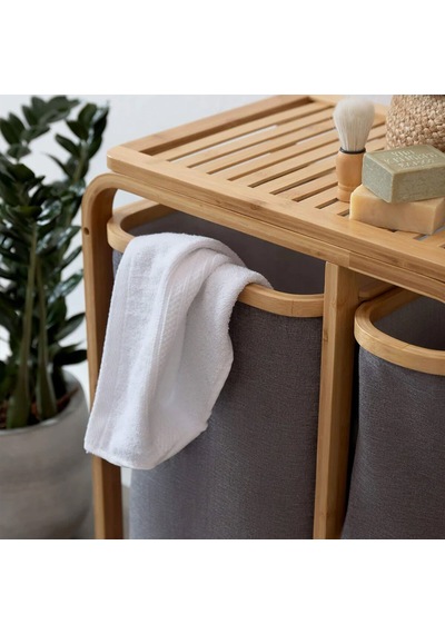 İbico İ21-143 Bambu Ahşap Kirli Çamaşır Sepeti 50x30x70 Cm - 3 Organizer Bölmeli Kumaş Çantalı