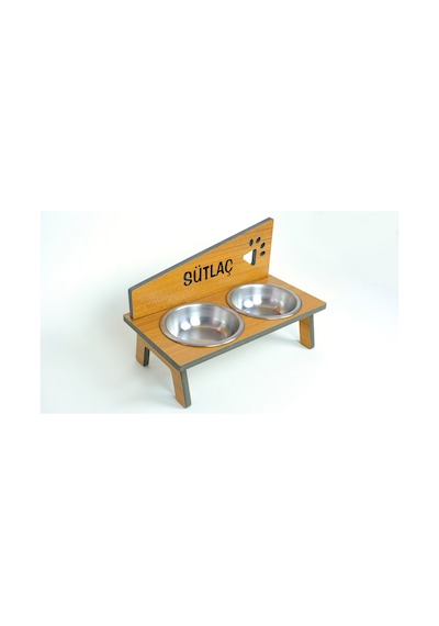 Suya Dayanıklı Ahşap Çelik Kâseli Özel Isim Baskılı Kedi-köpek Mama Ve Su Kabı Stantı - 2 350 Ml.