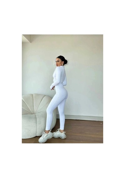 Winmoda34 Kadın Dalgıç Tulum Uzun Kollu Parmak Geçirme Detaylı Spor Tulumu Beyaz
