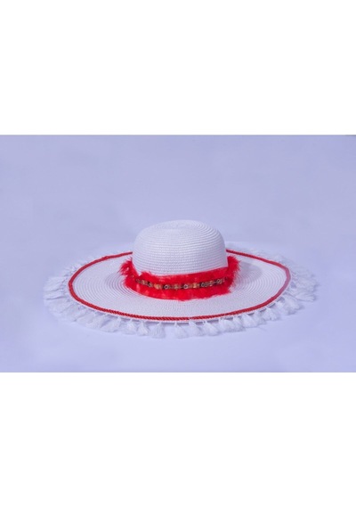 Handmade Şapka Hasır Dekor Kırmızı Beyaz