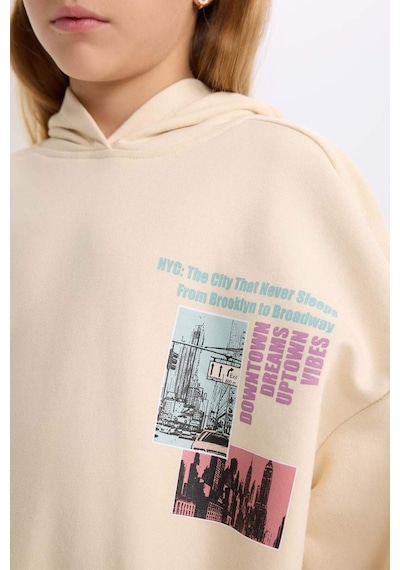 DeFacto 	Kız Çocuk 2'li Takım Bisiklet Yaka Baskılı Sweatshirt Beli Lastikli Jogger Eşofman Altı D4057A824WNER42 Ekru
