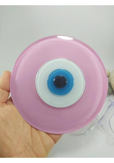 Toz Pembe El Yapımı Deliksiz Büyük Cam Nazar Boncuğu 12 Cm Masa Ü