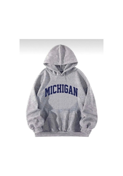 Unisex Oversize Mıchıgan Baskılı Kapüşonlu Sweatshirt Gri