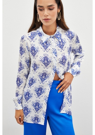 Sateen Desenli Düz Gömlek - Saks Mavisi-134815 Saks