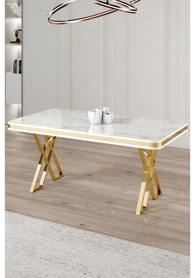 Canisa Rigel Serisi 80x130 Lak Panel Sabit Masa Beyaz Mermer Desen Gold Ayaklı Masa Beyaz Mermer Desen Ayaklar Gold