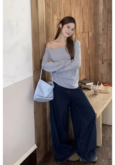 Cool Tarz Gri Kadın Düşük Omuz Kayık Yaka Oversize Uzun Kollu T-shirt Gri Gri