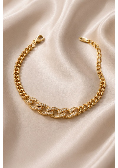 Balenbi Jewelry Kadın Taşlı Kalın Gurmet Zincir Kararmaz Çelik Bileklik Gold Renk 1132 Altın