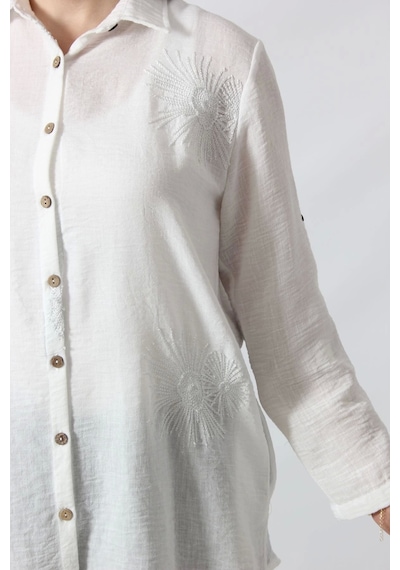 Moda Berray Bb-092 Beyaz Gümüş Yaldızlı Güneş Desenli Kolu Apoletli Yandan Cepli Tunik Gömlek Kadın Büyük Beden Beyaz