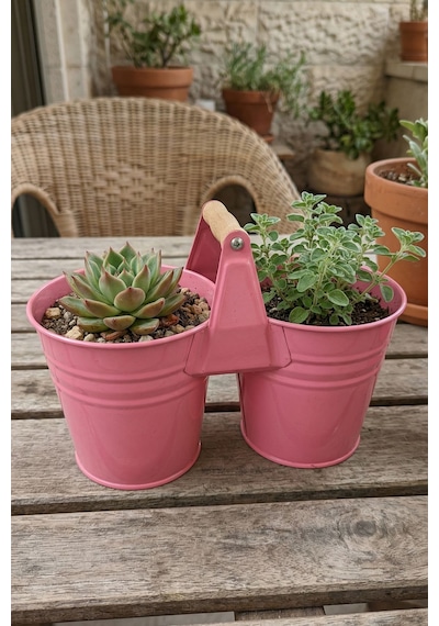 İkiz Saksılık Metal 10 Cm - Dekoratif Çiçeklik Kova Ve Çok Amaçlı Düzenleyici Pembe