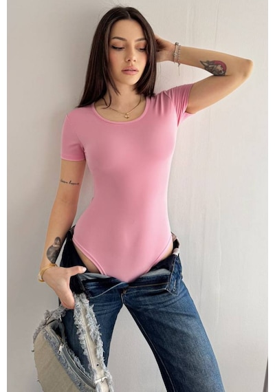 Basic Body Kadın Kısa Kollu Pamuklu Esnek Bodysuit Pembe