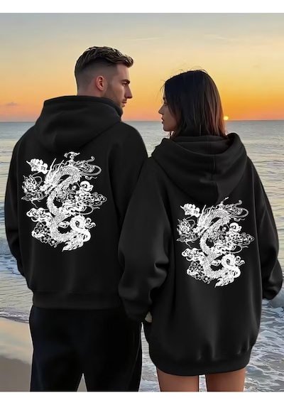 Nevermind Sevgili Kombini Ejderha Sırt Desenli Kapşonlu Sweatshirt Oversi Siyah