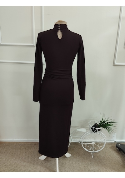 Bhrwear Kadın Uzun Kollu Balıkçı Yakalı Beli Büzgülü Uzun Modal Elbise Renkli