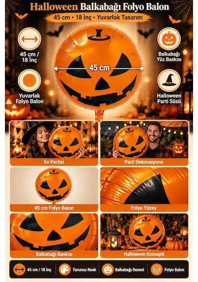 Halloween Cadılar Bayramı Balkabağı Yüzlü Folyo Balon 45 Cm 18 İnç Turuncu Yuvarlak Parti Süsü Çok Renkli