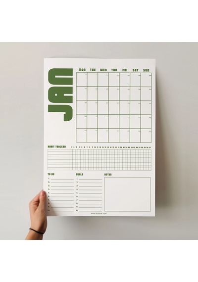Tarihsiz Aylık Planlayıcı Takvim, Matcha Yeşil Retro Organizer Duvar Planlayıcı